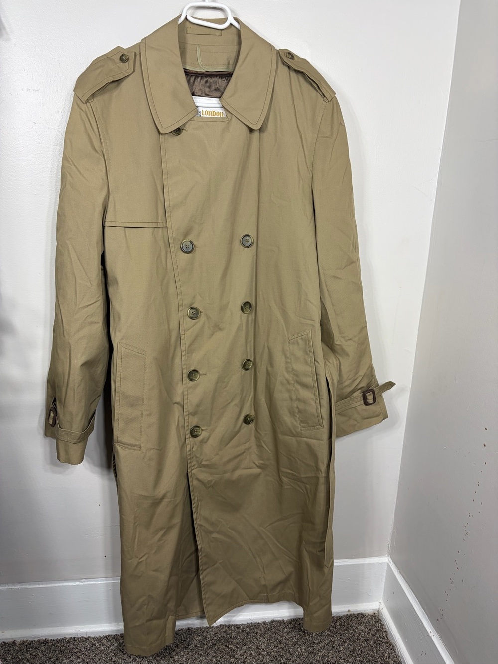 Vintage London Fog Trench Coat Mens 40 Long USA Made Tan Belted Removable Liner